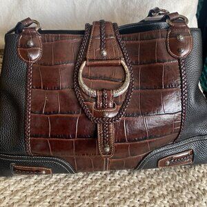 Brighton Croc Embossed Leather Tote Brown & Black Braided Detail